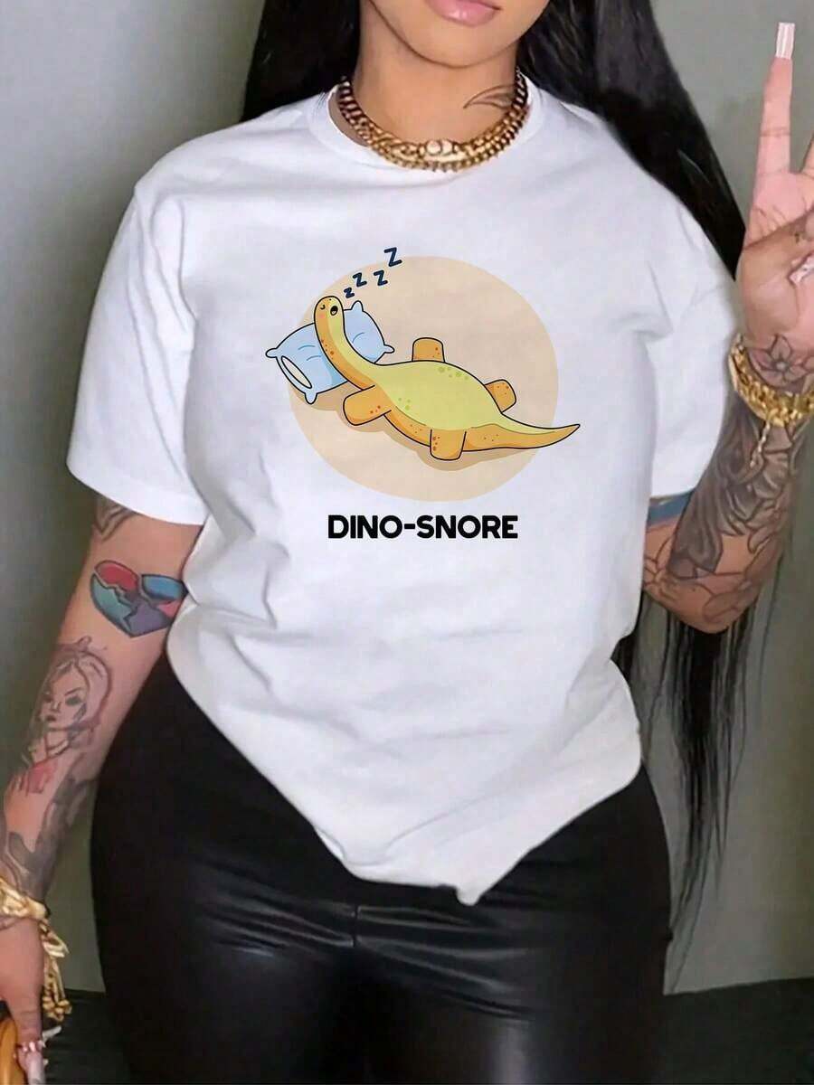 Women's Cotton Sleeping Dino T-Shirt, Graphic Print Tee, Comfortable Pure Cotton Casual Tee, Relaxed Fit With Snoring Dinosaur Design, Perfect Gift For Her, Loungewear For Home. Women's Basic Blouses - 白色 - 查看 1