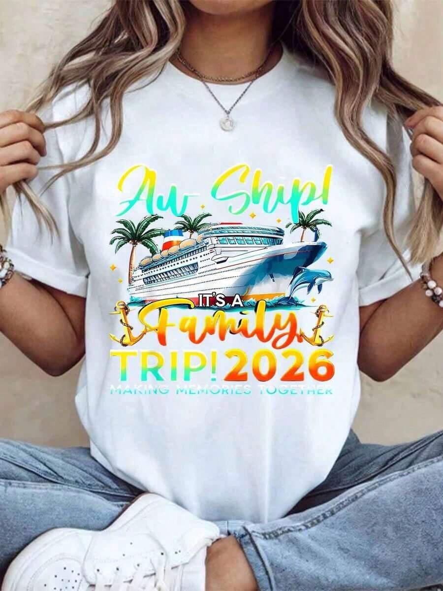 Women's Cotton T-Shirts Ah Ship Its A Family Trip 2026 Making Memories Together Cruise Shirt For Family Vacation, Travel Outfit, Summer Gift For Parents And Children, Basic Women's Blouses - 白色 - 查看 1
