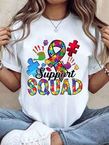 Women's Cotton T-Shirts, Colorful Puzzle Ribbon Design For Autism Awareness Support Team, Ideal For Autism Awareness Month And Community Events, Women's Basic Blouses. - 白色 - 查看 1