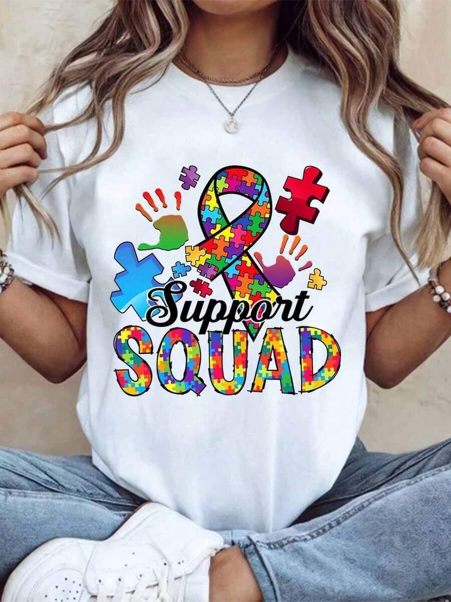 Women's Cotton T-Shirts, Colorful Puzzle Ribbon Design For Autism Awareness Support Team, Ideal For Autism Awareness Month And Community Events, Women's Basic Blouses. - 白色 - 查看 1