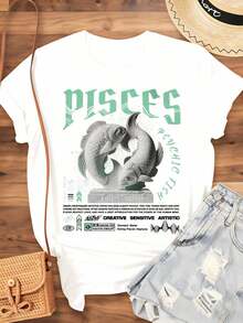Women's Cotton T-Shirts, Pisces Zodiac Sign T-Shirt, Psychic Astrology Design, Creative, Sensitive, Artistic, Fish Symbol Graphic T-Shirt For Women And Men, Casual Wear, Birthday Gift For Pisces Lovers, Basic Women's Blouses. - 白色 - 查看 3