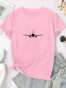 Camiseta con Estampado Gráfico de Avión - Ropa deportiva casual de verano de manga corta, suave, transpirable y cómoda, hecha de una mezcla de poliéster, fácil de cuidar, de secado rápido, adecuada para actividades al aire libre y uso casual, estilo casual, TODOS/Global/Todos. - rosa - Ver 2
