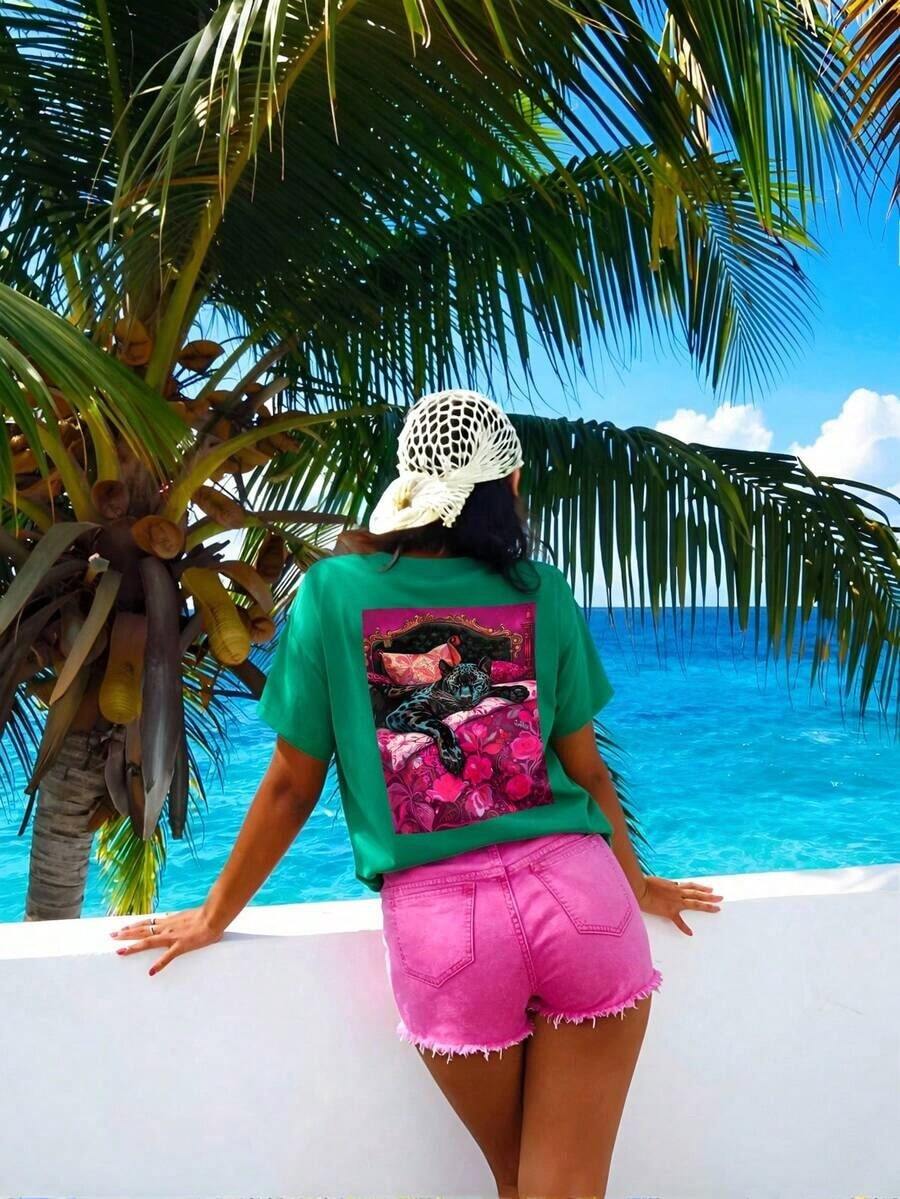 Camiseta de mujer, camiseta gráfica de manga corta de estilo casual de calle, top de verano lindo - Verde 10 - Ver 1
