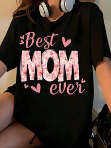 Women's Floral Print T-Shirt "World's Best Mom" Mother's Day Gift, Black Cotton T-Shirt With Pink Hearts And Flowers Design, Casual Clothes For Moms - 黑色 - 查看 7