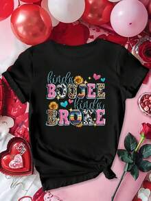 Women's Casual Round Neck Cotton T-Shirts For Valentine's Day KindaBOUJEE KindaBROKE With Leopard Print, Heart, Flower And Star Decoration, Beautiful, Elegant, Party, Fashionable, Loose And Fitted, Gift, Soft, Machine Washable, Elastic, Sporty, Round Neck, Short Sleeve, Simple Top For Daily Wear. - 黑色 - 查看 7