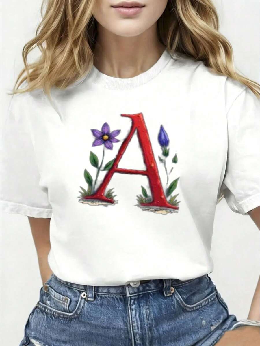 Women's White T-Shirt With A Large Red Three-Dimensional Letter A, Green Leaf Pattern And A Central Purple And Yellow Flower (With Green Stems) -- Casual Round Neck Design, Lightweight And Suitable For Daily Wear, A Choice For Spring And Summer - Unisex Cotton T-Shirt, Urban Vintage Style, Loose Fit, Short Sleeve And Round Neck. - 白色 - 查看 1