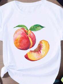 Women's Casual T-Shirt With Fresh Guava Print, Short Sleeve, Round Neck, Urban Hip Hop Style, Graphic Top, Fashion Clothing For Women - 白色 3 - 查看 1