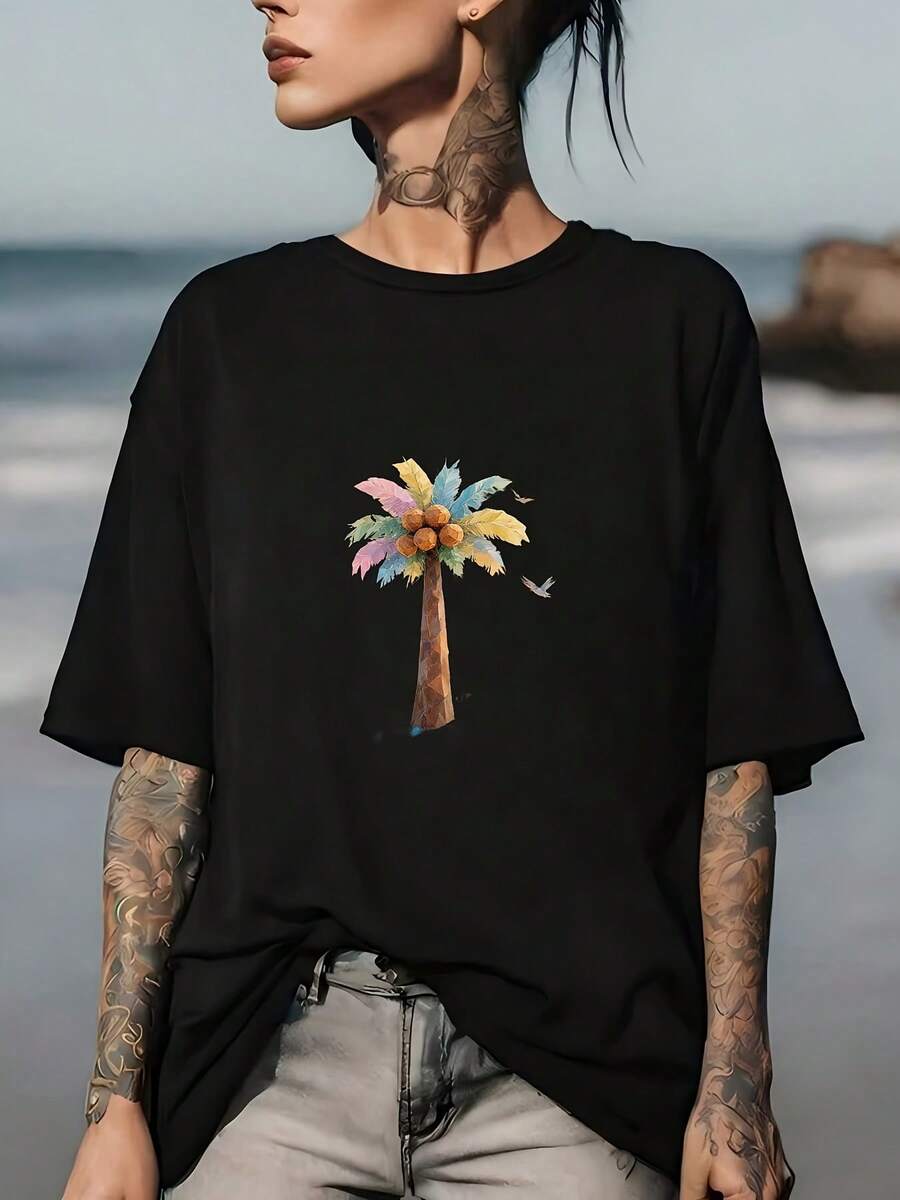 Camiseta Colorida con Palmera para Festival de Verano 180G - Regalo perfecto para familiares y amigos, ideal para actividades de team-building de empresas y vacaciones en la playa. - Negro - Ver 1
