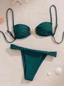 Sexy Two-Piece Bikini For Women, Adjustable Lace-Up Design With Starfish Embellishment, Solid Color - FF1179-bK - View 8