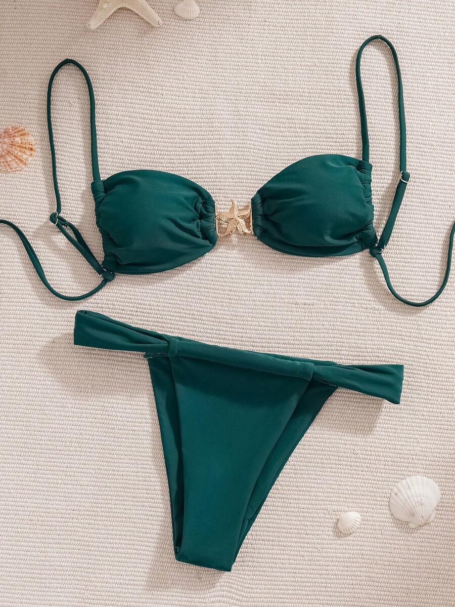 Sexy Two-Piece Bikini For Women, Adjustable Lace-Up Design With Starfish Embellishment, Solid Color - JY913ML - 查看 1