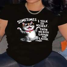 Women's Plus Size Casual Elegant T-Shirt With Cartoon Cat And Bell - 95% Polyester 180gsm Machine Washable, Crew Neck Short Sleeve For Spring Summer Autumn, Cat Shirt, Comfortable Tee For Everyday Wear, Fun Design, Durable Fabric S-XXL - 黑色 - 查看 1