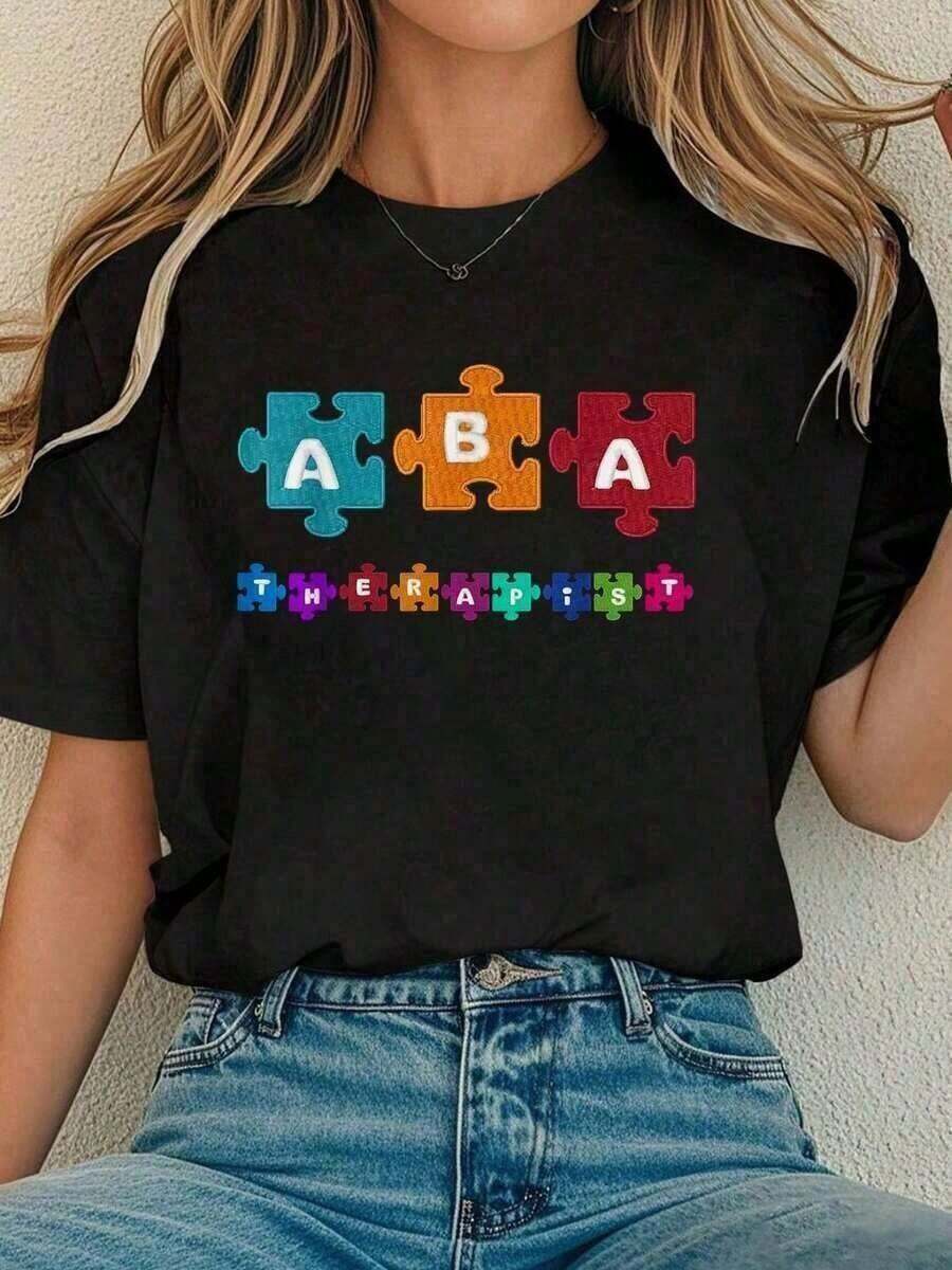 100% Cotton, 1 Piece Women's Cotton T-Shirt, Comfortable T-Shirt With ABA Therapist Print, Behavior Analyst, RBT Therapy, G, 100% Cotton Women's Simple Solid Color T-Shirt, Loose And Slim Fit Casual Short Sleeve - 黑色 - 查看 1