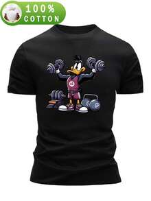 Men's 100% Cotton T-Shirt, Summer Short Sleeve, Slim Fit, Casual Sportswear Fashion, Versatile And Breathable, With Gymnastics Duck Weightlifting Print - 黑色 - 查看 1