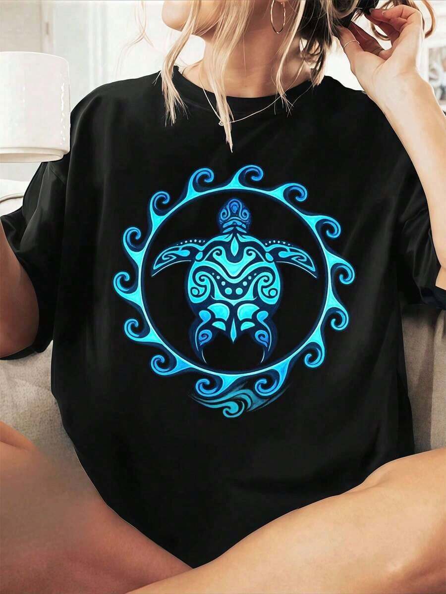100% Cotton. Women's T-Shirt With Sea Turtle Print, Premium Cotton, Loose Fit, Casual Style, Breathable, New Arrival. Women's Simple Solid Color T-Shirt, Loose And Slim Fit Casual Short Sleeve - 黑色 - 查看 1
