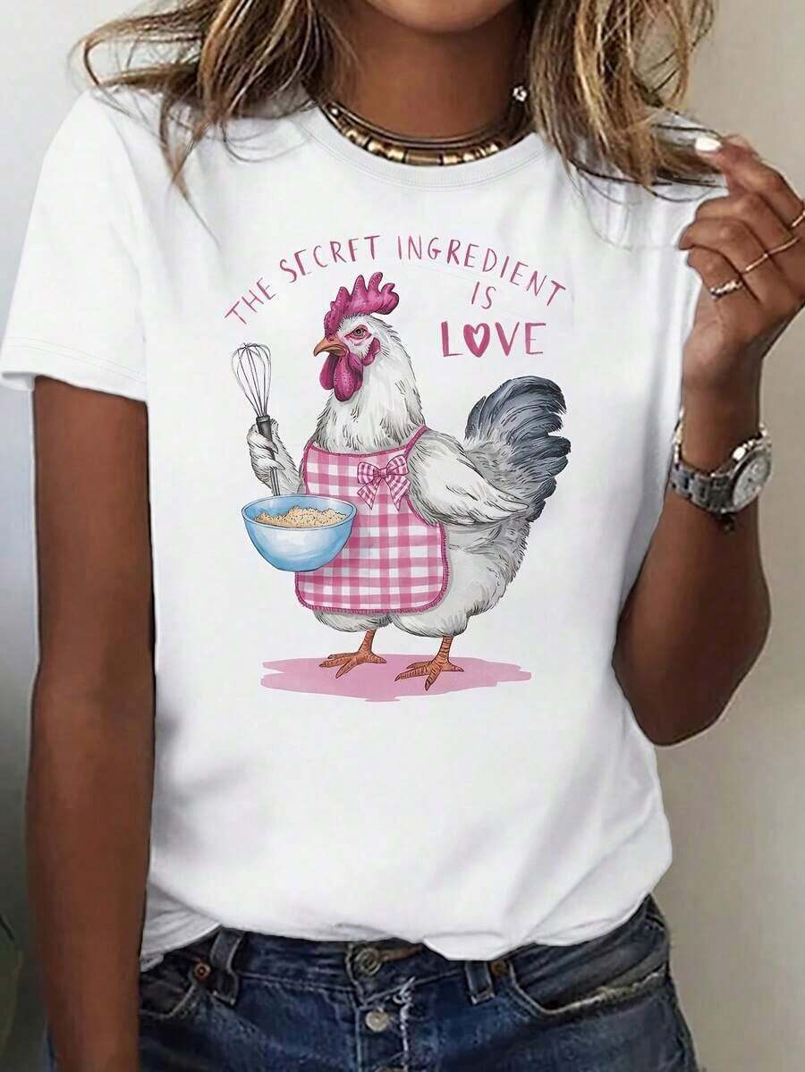 Women's Blouses. Plus Size Women's Clothing: Love The Secret Ingredient Print T-Shirt With Bow - Short Sleeve Crew Neck Top, Soft And Stretchy, Medium Elasticity Casual Style, For Spring And Summer, Machine Washable, Casual Gift To Match - Unisex Urban Style Vintage T-Shirt, Loose Fit, Cotton, Short Sleeve And Crew Neck. - 白色的 - 查看 1