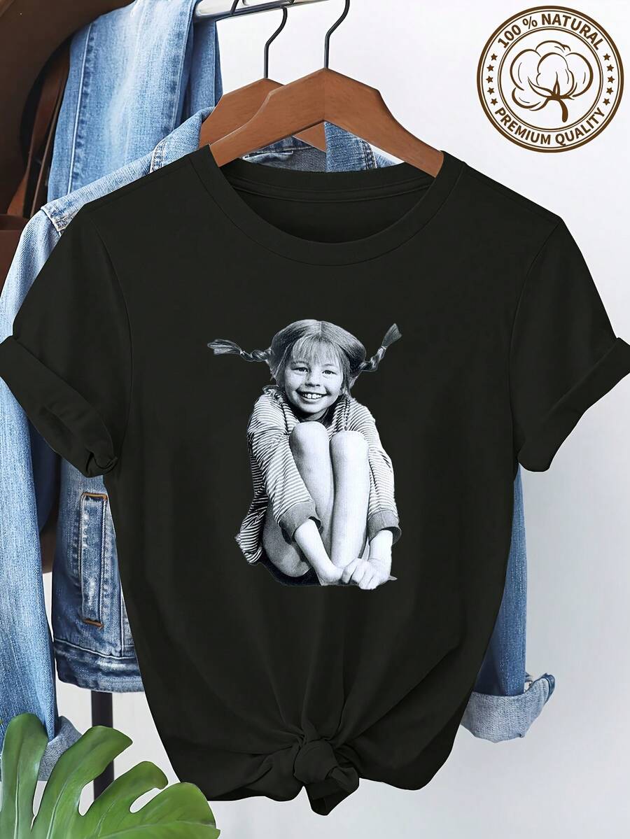 Women's T-Shirt With Retro Double-Tailed Black And White Portrait Print, 100% Cotton, Round Neck And Short Sleeves, Breathable Casual Top For Summer 4418A - 黑色 - 查看 1