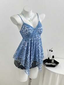 Top de mujer con estampado de leopardo y dobladillo asimétrico con encaje - Azul 2 - Ver 5