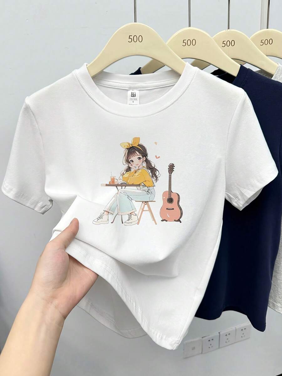 Women's Retro Anime Style Guitar Print T-Shirt - Short Sleeve Fitted Summer Top, Latin American Style, Casual Crew Neck And Outfits, Machine Washable, Guitar Graphic T-Shirt - 白色 - 查看 1