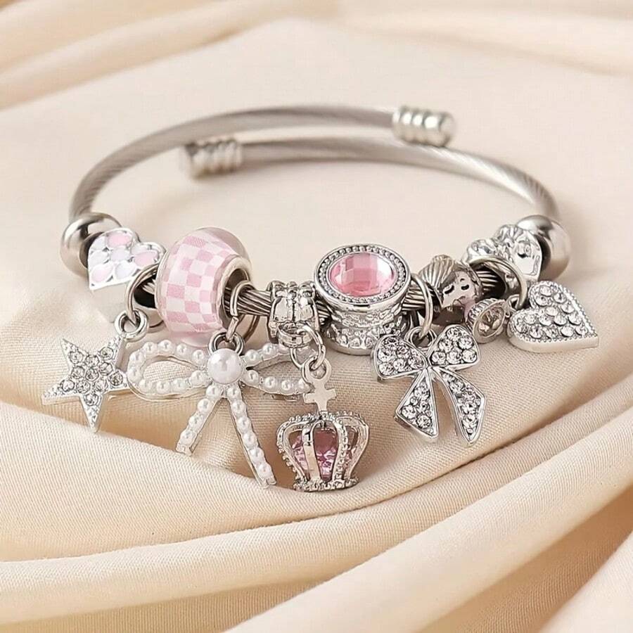 1 pieza Pulsera de lujo con cuentas en forma de corazón, corona, mariposa y estrella, accesorio ajustable y versátil - Pulsera con lazo de corona - Ver 1