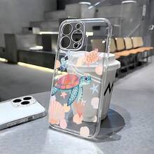 1 pieza Funda de teléfono transparente de TPU con patrón lindo de tortuga marina y concha, a prueba de golpes y huellas dactilares, compatible con iPhone - Multicolor - Ver 2