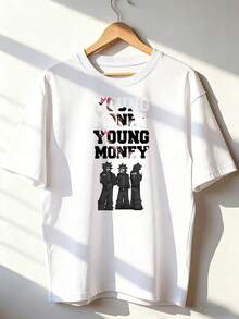 T-Shirt With "YOUNG MONEY" Text And Urban Figures,  Short-Sleeved T-Shirt For Spring And Summer 2026, Made In Mexico, 180 Grams. Cartoon Print, Couple Design, Suitable For Indoor Or Outdoor Wear. Crew Neck, Unisex, Ideal For Office And Leisure. One-Pack. - WH-P631577SLNDXZGY596 - 查看 1
