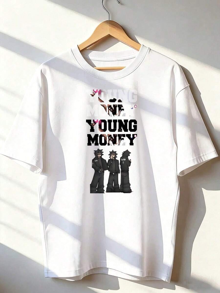 T-Shirt With "YOUNG MONEY" Text And Urban Figures, Short-Sleeved T-Shirt For Spring And Summer 2026, Made In Mexico, 180 Grams. Cartoon Print, Couple Design, Suitable For Indoor Or Outdoor Wear. Crew Neck, Unisex, Ideal For Office And Leisure. One-Pack. - WH-P631577SLNDXZGY596 - 查看 1