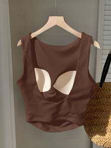 Top corto de algodón acolchado con espalda de tirantes, para primavera/verano - Marrón - Ver 5