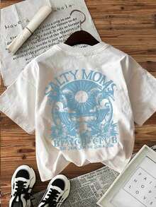 | Exquisite Design | Loose And Comfortable | Easy To Match | [Double-Sided Print] Women's Spring/Summer T-Shirt, Vintage Style, Beach Chair Print, Sun And Salty Moms, Pure Cotton, Casual Daily Wear, Short Sleeve, Round Neck, Women's T-Shirt - 白色 - 查看 3