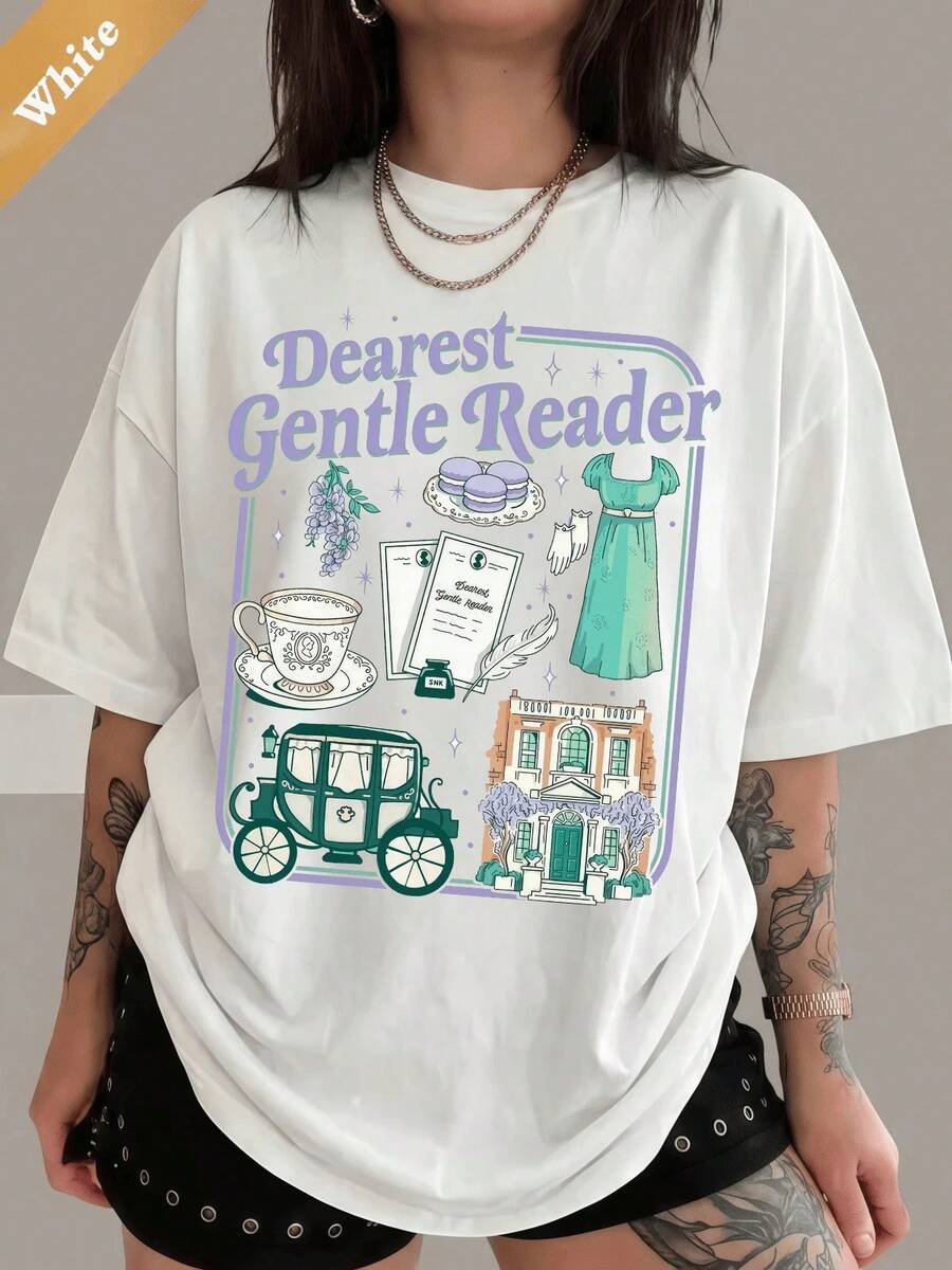 2026 "Kära läsare" T-shirt, romantisk T-shirt från renässansen, "Bibliofil"-tröja, rund hals, present till bokälskare, "Bokmal"-outfit, dam-T-shirts, sommarkläder - Vit - Visa 1