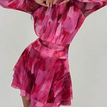 Vestido de manga larga ajustado con silueta de paraguas para mujer, nuevo para otoño/invierno, para uso casual/citas/salidas/maestras, vestido romántico con estampado de teñido anudado en púrpura y cuello alto con lazo en la cintura - Azul - Ver 2