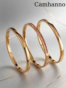Camhanno Bộ 3 vòng tay | Bộ ba vòng tay xếp chồng bằng thép không gỉ mạ vàng 18K dành cho nữ - Nhiều màu - Xem 4
