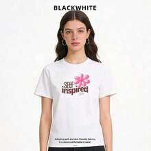 Women's Summer Outfits, Short Sleeve T-Shirt With Feminine Print, Sweet And Fresh Style, Casual, Thick Cotton, 100% Cotton - 白色 - 查看 2