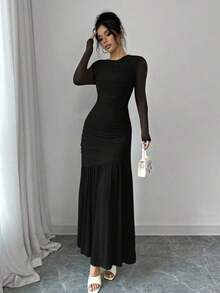 Vestido largo de manga larga con cuello redondo y malla para mujer, vestido casual de otoño.Adecuado para ropa de otoño, atuendo de regreso a clases, atuendo de maestro - Negro - Ver 7