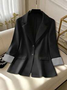 Clasi Blazer casual de mujer con puños a rayas y cuello desgastado - Negro - Ver 1