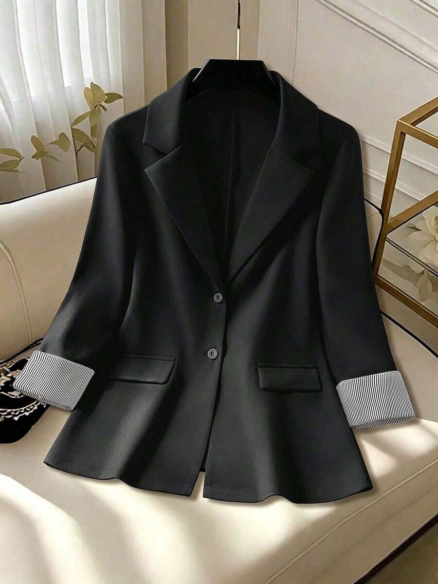 Clasi Blazer casual de mujer con puños a rayas y cuello desgastado - Negro - Ver 1