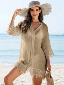 Swim Vcay Kimono cubrecuerpo para damas de un solo color con aplicaciones de encaje y botones delanteros - Caqui - Ver 7