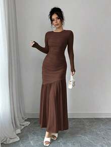 Vestido largo de manga larga con cuello redondo y malla para mujer, vestido casual de otoño.Adecuado para ropa de otoño, atuendo de regreso a clases, atuendo de maestro - Marrón Chocolate - Ver 5