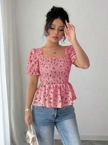 Blusa elegante de mujer con estampado floral diminuto y ajuste ceñido - Rosado Sandía - Ver 6