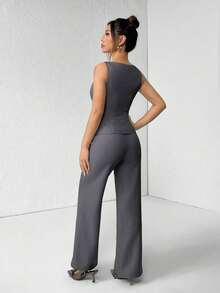 PETITE Conjunto de chaleco y pantalones de un solo pecho de unicolor con cuello redondo, elegante traje de oficina para mujer, ropa de mujer de verano y otoño, conjunto de oficina, ropa casual de negocios, conjunto de dos piezas, ropa de oficina de otoño para mujer, conjunto de blazers para mujer - Gris Oscuro - Ver 2