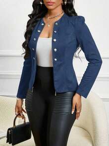 Lady Chaqueta abierta con detalles de botones en ante negro para otoño/invierno - Azul marino - Ver 7