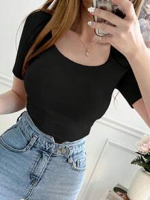 Camiseta básica de verano de mujer con corte slim fit y largo cropped - Negro - Ver 5