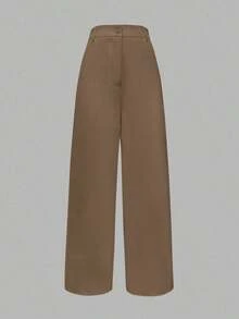 Pantalones acampanados de cintura alta con bolsillos de unicolor, de ajuste holgado, para mujer, para primavera y otoño - Marrón - Ver 2