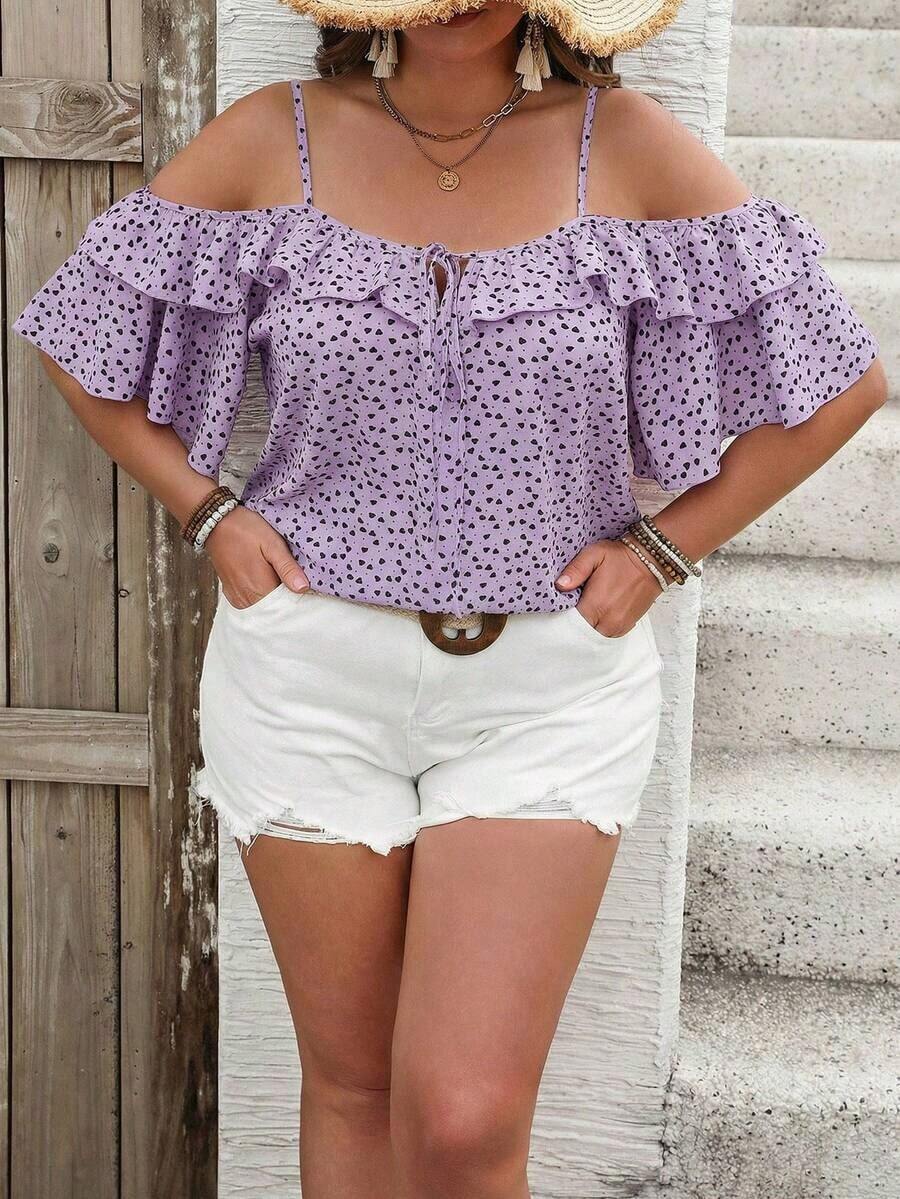 Camiseta romántica con volantes y escote descubierto de corazoncitos para vacaciones, talla grande.Ideal para fiesta casual, picnic o San Valentín. - Púrpura polvoriento - Ver 1