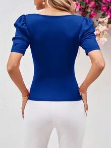 Clasi Top de escote corazón de corte ajustado con mangas tipo cordero, color rojo rosa - azul real - Ver 2