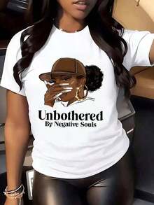 - Camiseta de cuello redondo de gran tamaño para mujer - Estampado gráfico "Unbothered By Negative Souls" con cadenas doradas y letras, camiseta casual de verano, tela transpirable de elasticidad media, diseño con mensaje positivo para confianza diaria - Camisetas unisex de algodón estampado vintage casual de verano para parejas - 100% algodón - Blanco - Ver 8