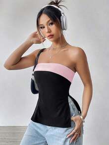 Top tubo con bloqueo de color negro y estilo Y2K para mujer en verano - Multicolor 2 - Ver 4