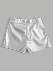 LUNE Shorts ajustados de piel sintética, casuales para el verano - Plateado - Ver 3