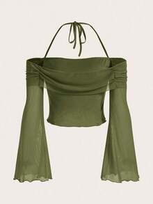 Top crop unicolor de cuello halter de manga con volante - Verde militar - Ver 2