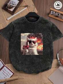 2026 Fashion Women's Cotton T-Shirt Casual Quality Women's Washed Cotton T-Shirt, Round Neck, Short Sleeve, Cat Print, Minimalist Casual Style, Everyday, Vintage, Comfortable And Loose, For Summer, In Black Unisex Basic T-Shirt - 黑色 - 查看 1