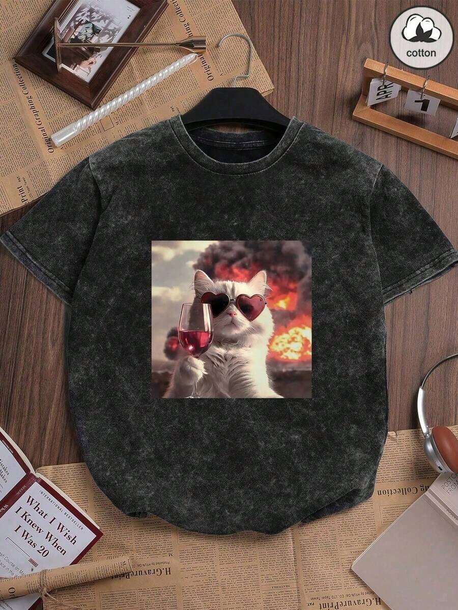 2026 Fashion Women's Cotton T-Shirt Casual Quality Women's Washed Cotton T-Shirt, Round Neck, Short Sleeve, Cat Print, Minimalist Casual Style, Everyday, Vintage, Comfortable And Loose, For Summer, In Black Unisex Basic T-Shirt - 黑色 - 查看 1